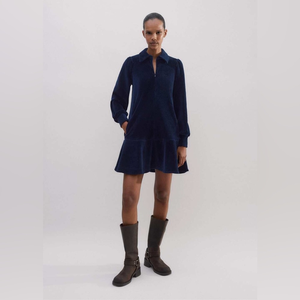 Me + Em Cord Velour Shift Dress Jersey in Ink Blue Size 4 Mini Long Sleeve